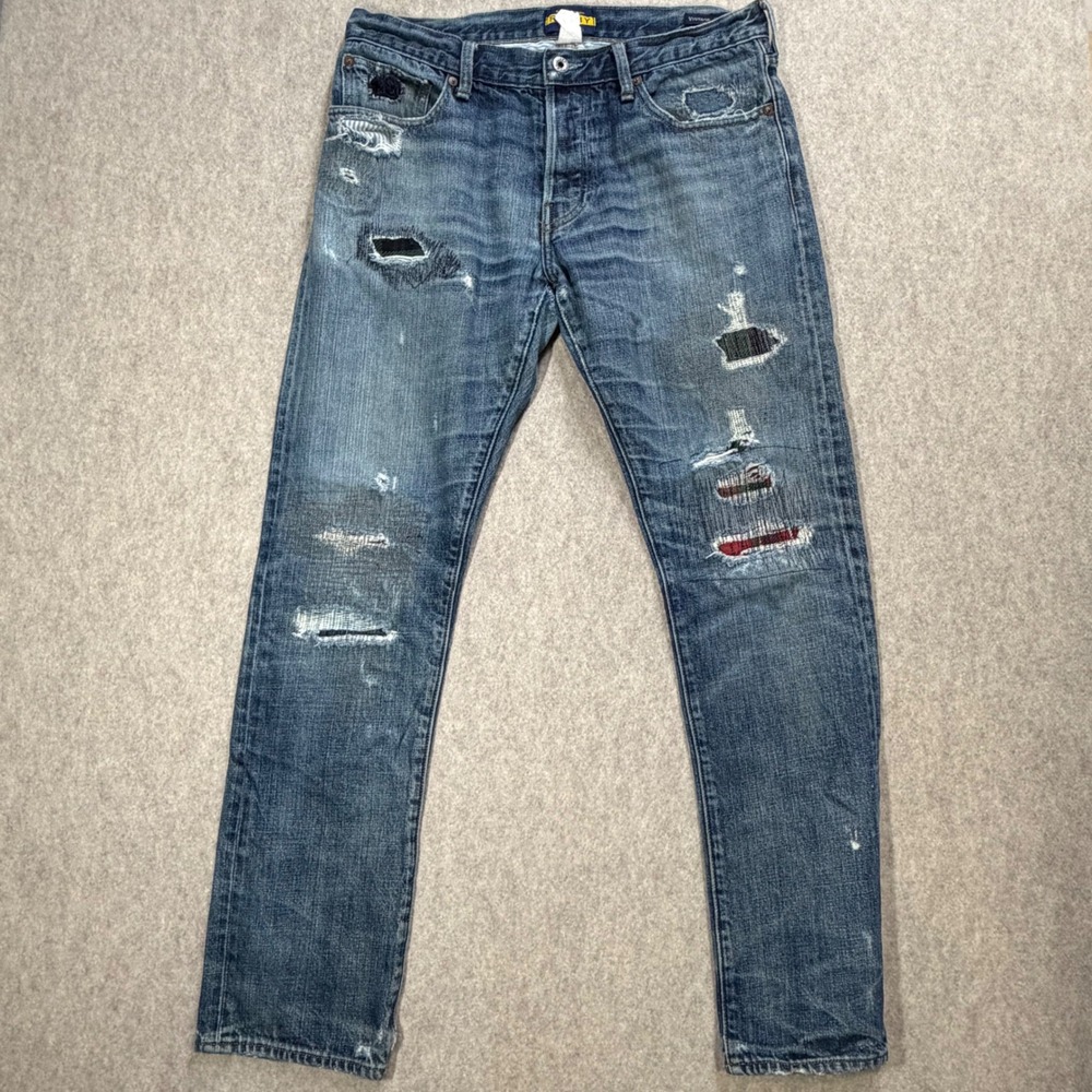 Ralph Lauren Rugby Mens Distressed Repaired Patchwork Denim Blue 33x30 Thrashed